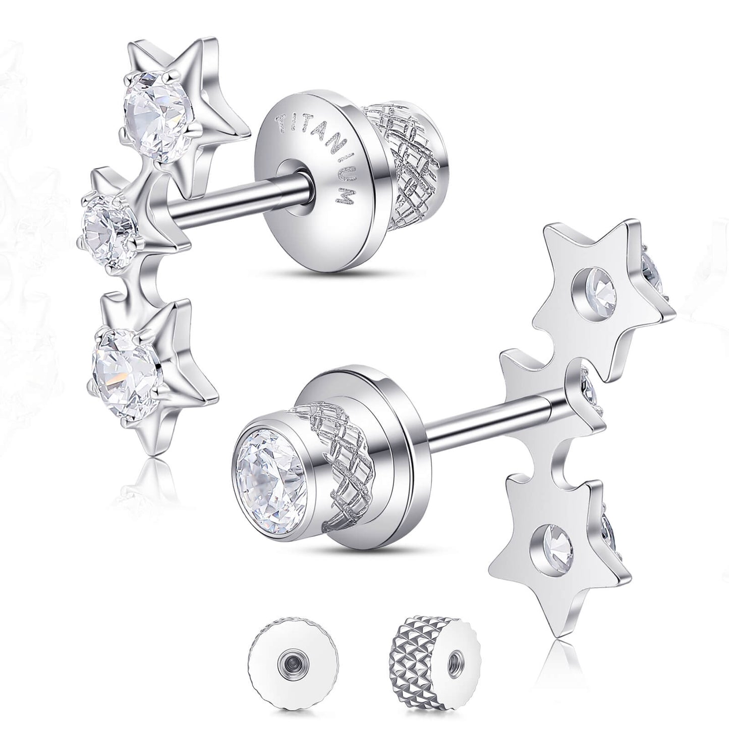 Limerencia Titanium Screw Back Earrings, Hypoallergenic F136 Implant Grade Flat Back Earrings for Women Men, Double Side Cubic Zirconia Sleeper Studs Jewelry/3 star