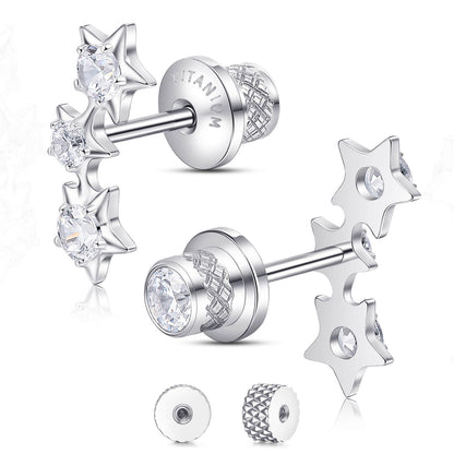 Limerencia Titanium Screw Back Earrings, Hypoallergenic F136 Implant Grade Flat Back Earrings for Women Men, Double Side Cubic Zirconia Sleeper Studs Jewelry/3 star