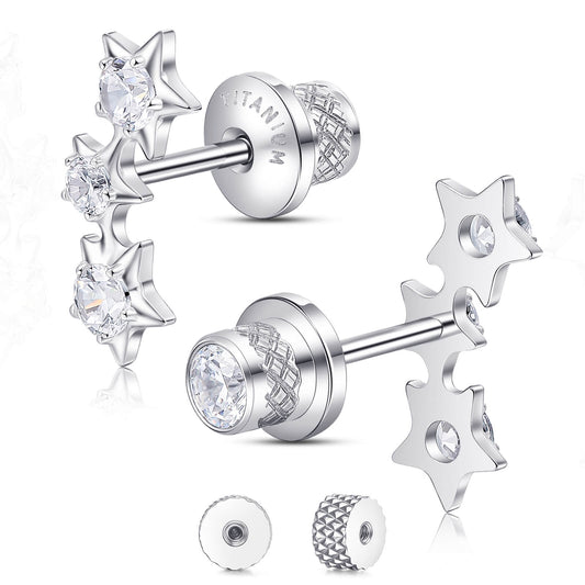 Limerencia Titanium Screw Back Earrings, Hypoallergenic F136 Implant Grade Flat Back Earrings for Women Men, Double Side Cubic Zirconia Sleeper Studs Jewelry/3 star