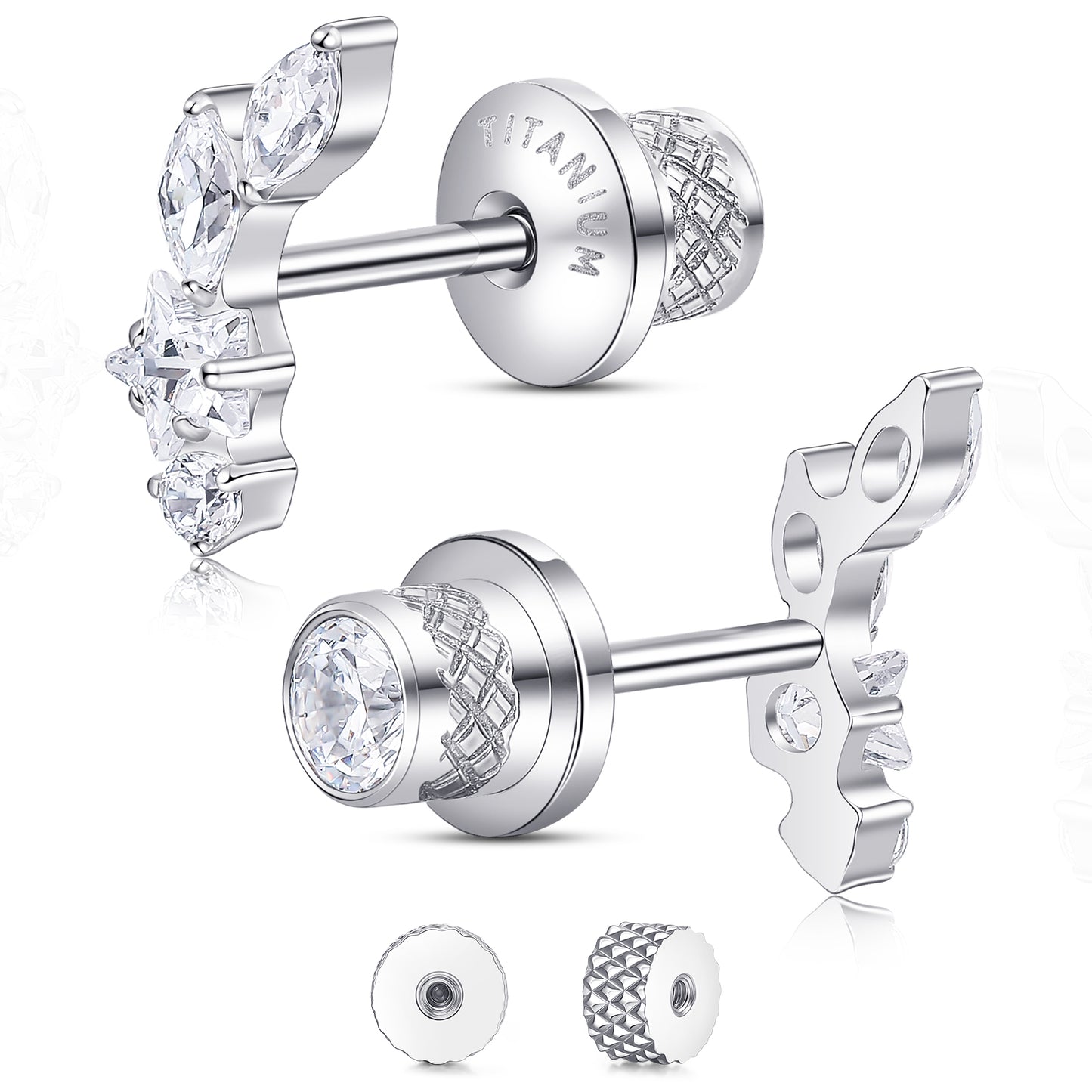 Limerencia Titanium Screw Back Earrings, Hypoallergenic F136 Implant Grade Flat Back Earrings for Women Men, Double Side Cubic Zirconia Sleeper Studs Jewelry/Collage