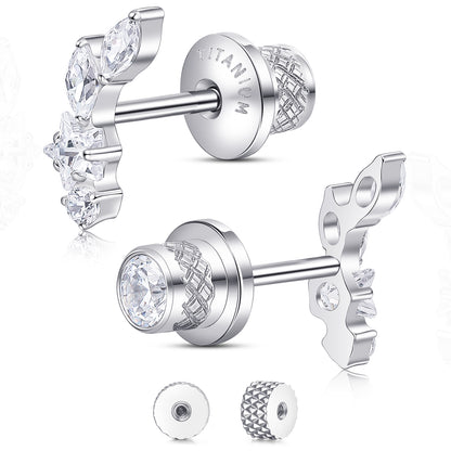 Limerencia Titanium Screw Back Earrings, Hypoallergenic F136 Implant Grade Flat Back Earrings for Women Men, Double Side Cubic Zirconia Sleeper Studs Jewelry/Collage