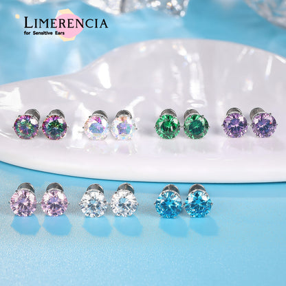 Pendientes de titanio Limerencia hipoalergénicos, tachas de grado implantado F136 con circón redondo, pendientes de seis garras para mujer y hombre con orejas sensibles
