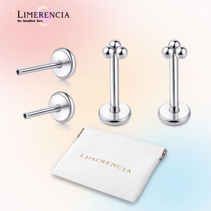 Limerencia 18G Reintitan Piercingschmuck, G23 hypoallergene Flachboden-Stecker mit Innengewinde, geeignet für Tragus, Helix, Knorpel, Conch, Medusa-, Lippen- und Labret-Piercing für Damen und Herren / 3 Kugelaufsätze