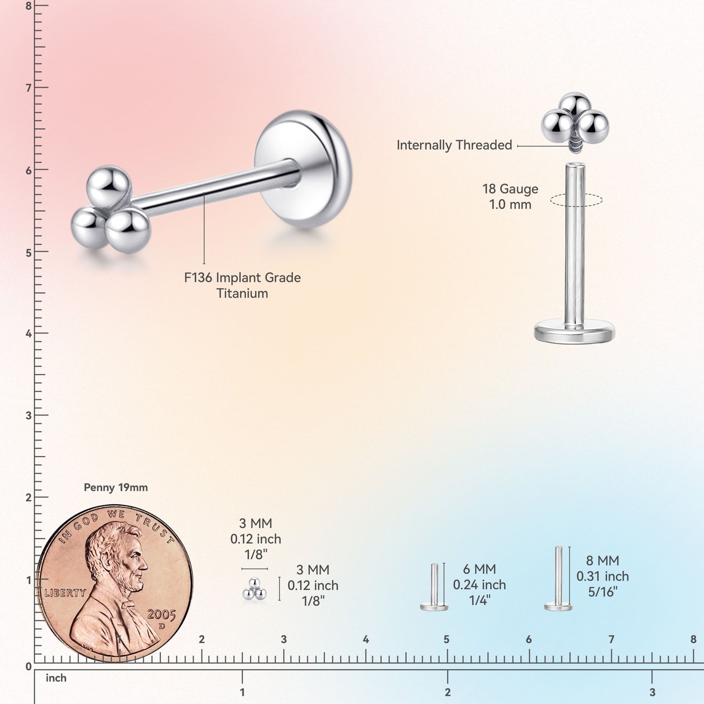 Limerencia 18G Reintitan Piercingschmuck, G23 hypoallergene Flachboden-Stecker mit Innengewinde, geeignet für Tragus, Helix, Knorpel, Conch, Medusa-, Lippen- und Labret-Piercing für Damen und Herren / 3 Kugelaufsätze