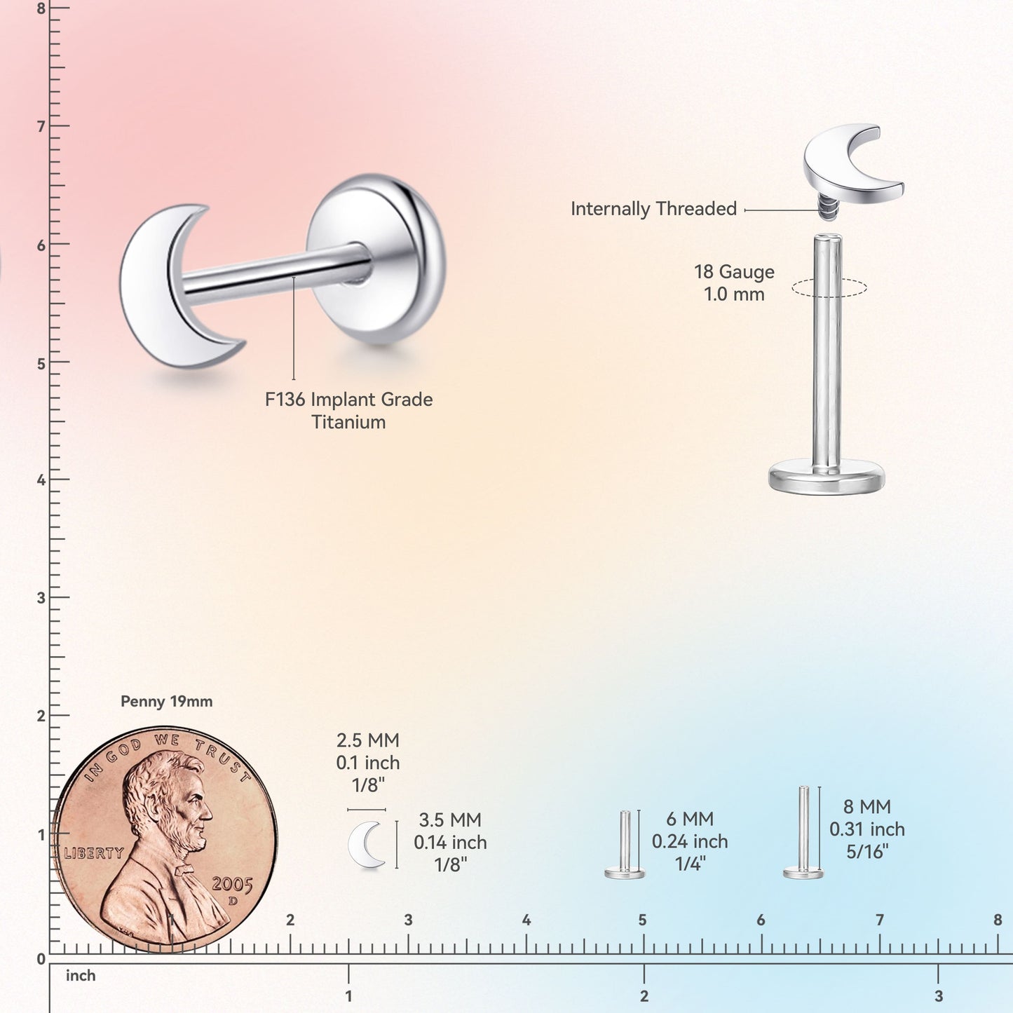 Limerencia 18G Reintitan-Körperschmuck, G23 hypoallergene Stecker mit Flachboden und Innengewinde, geeignet für Tragus, Helix, Knorpel, Conch, Medusa-, Lippen- und Labret-Piercing für Damen und Herren