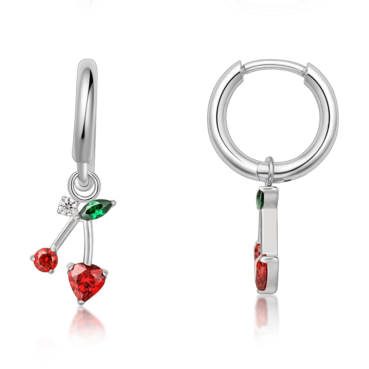 Boucles d'oreilles Huggie pendantes légères en titane pur hypoallergénique Limerencia pour femme, barre verticale, croix, lune, éclair, boucles fines – Zircone cerise rouge
