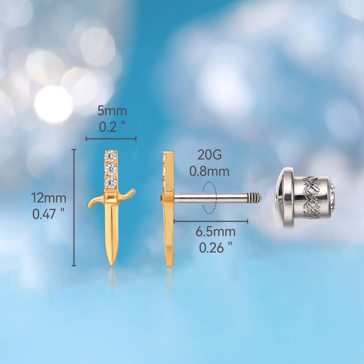Orecchini a vite in titanio implantabile G23 ipoallergenici Limerencia, piercing spada 20G F136 per cartilagine, trago ed elica orecchie sensibili