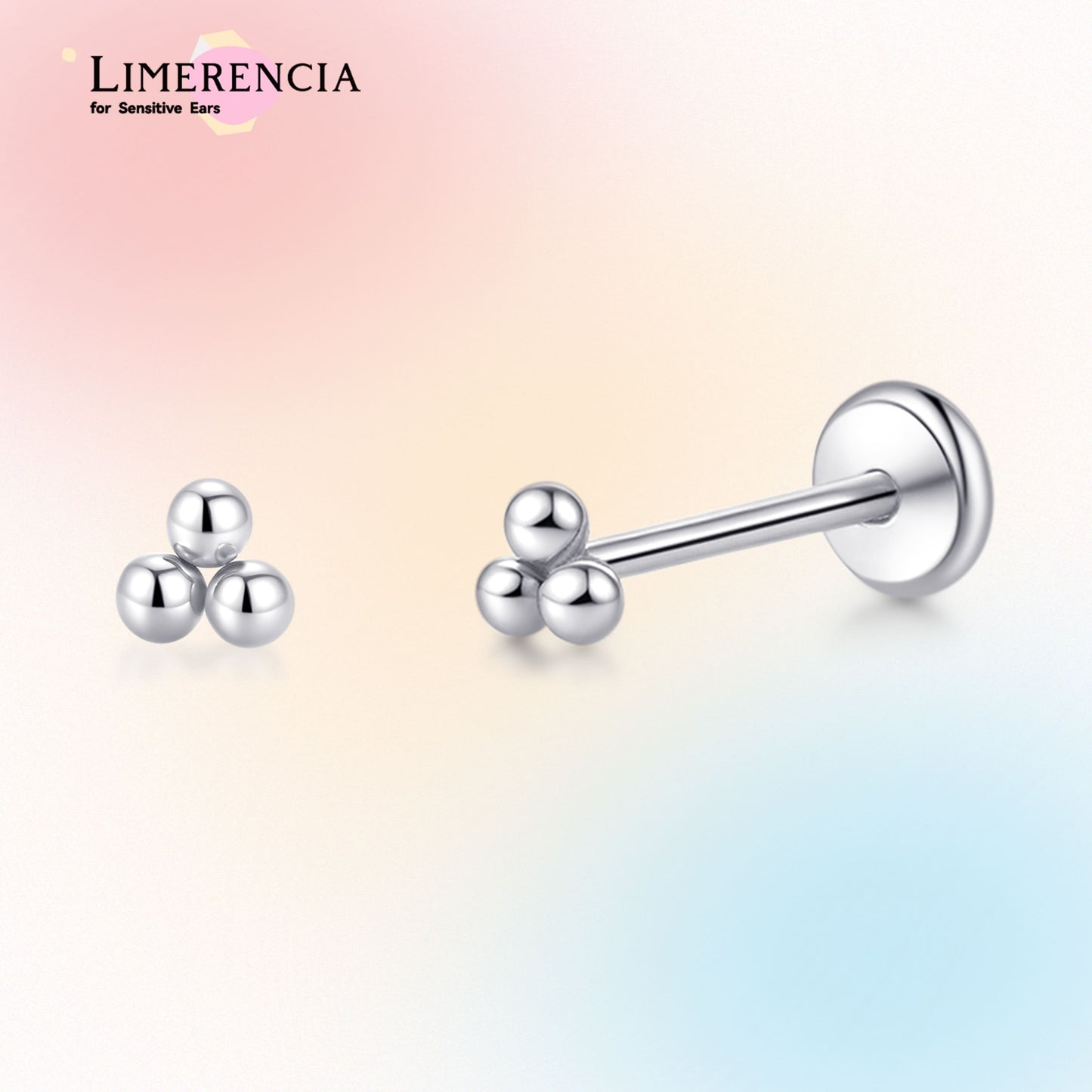 Orecchino titanio base piatta senza filetto Limerencia calibro 20G, piercing a pressione per cartilagine, trago, labret, labbro, medusa e conca, ipoallergenico unisex / tre sfere