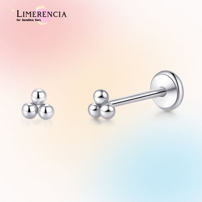 Orecchino titanio base piatta senza filetto Limerencia calibro 20G, piercing a pressione per cartilagine, trago, labret, labbro, medusa e conca, ipoallergenico unisex / tre sfere