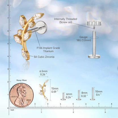 Orecchini scalatori in titanio F136 Limerencia con zircone ipoallergenici, borchie filettate internamente fondo piatto 18G, gioielli piercing per trago, elica, conca e cartilagine femminili (Modello J)