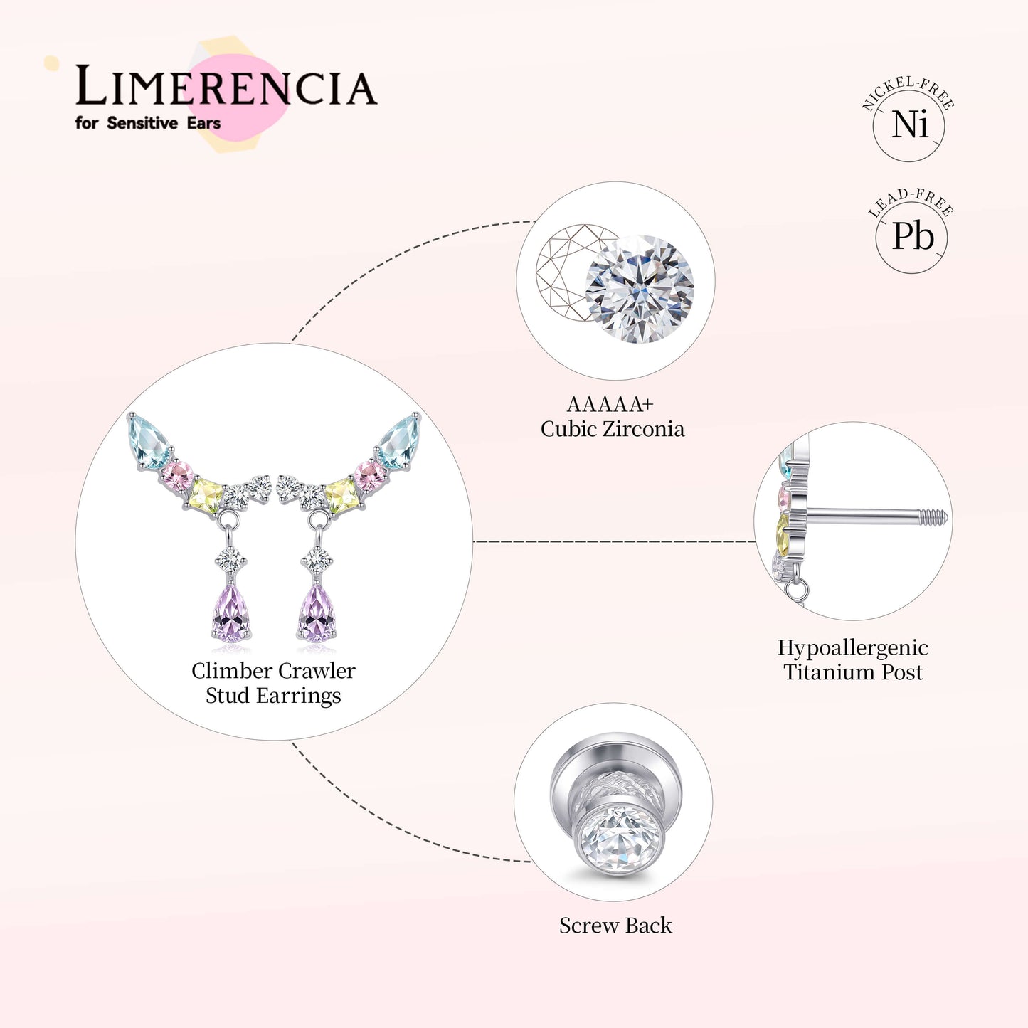 Limerencia Hypoallergenic Titanium Screw Back Earrings Implant Grade Cubic Zirconia G23 20G Ear Crawler Studs Earrings for Sensitive Ear Cartilage Jewelry/Colorful CZ Crawler