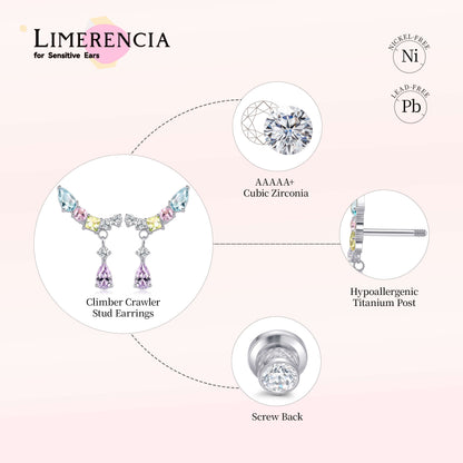 Limerencia Hypoallergenic Titanium Screw Back Earrings Implant Grade Cubic Zirconia G23 20G Ear Crawler Studs Earrings for Sensitive Ear Cartilage Jewelry/Colorful CZ Crawler