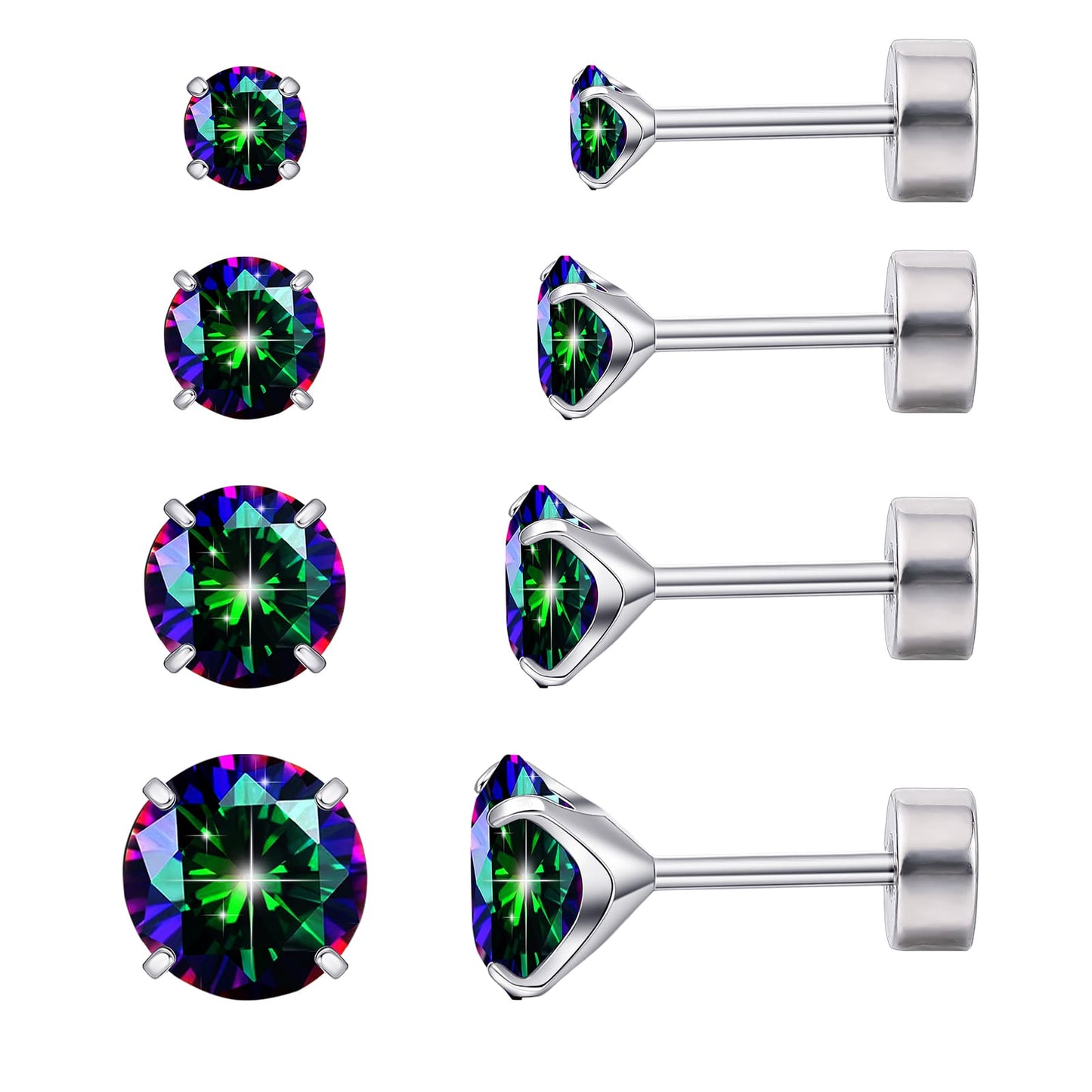 Orecchini piatti cartilagine titanio F136 Limerencia ipoallergenici con zircone perla opale, gioielli piercing elica confezione 4 paia 3-6mm da donna
