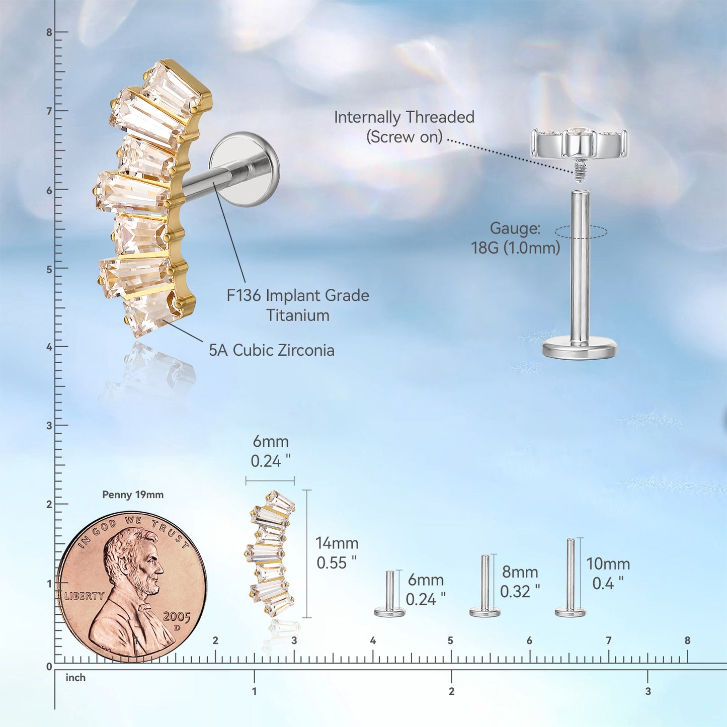 limerencia F136 Titanium Hypoallergenic Piercing Jewelry 18G 6mm 8mm 10mm Flat Back Internally Threaded Implant Grade Stud Crawler Earrings For Cartilage,Tragus,Helix,Conch,Nose,Lip (crown 1pc)