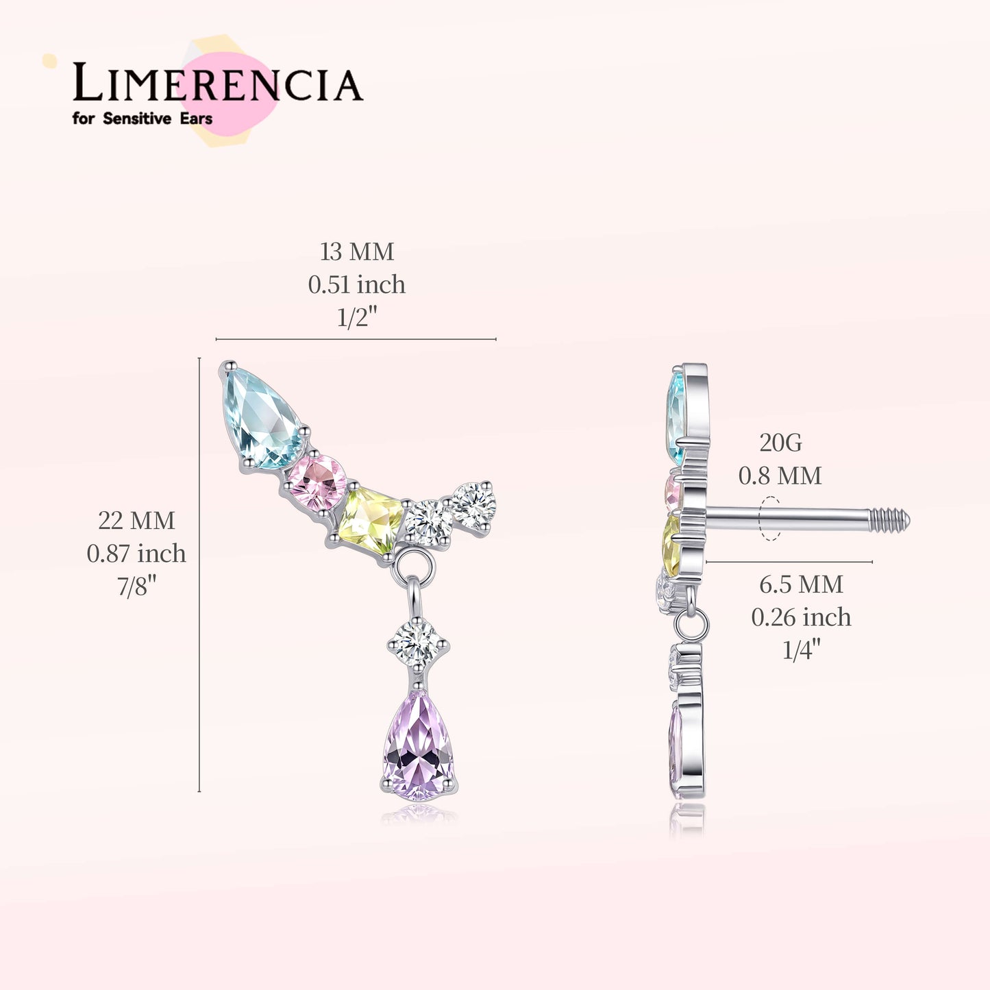 Limerencia Hypoallergenic Titanium Screw Back Earrings Implant Grade Cubic Zirconia G23 20G Ear Crawler Studs Earrings for Sensitive Ear Cartilage Jewelry/Colorful CZ Crawler