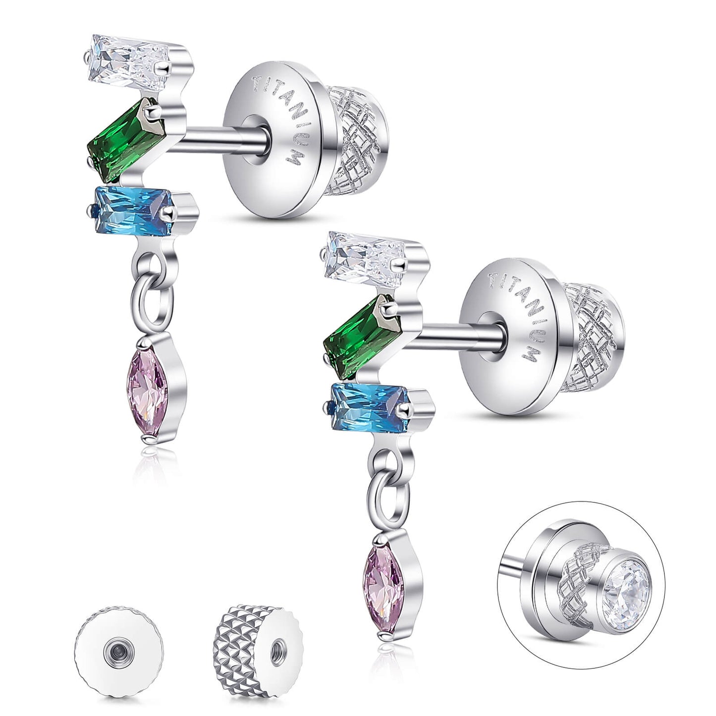 Limerencia Titanium Screw Back Earrings, Hypoallergenic F136 Implant Grade Flat Back Earrings for Women Men, Double Side Cubic Zirconia Sleeper Studs Jewelry/3 Dangle