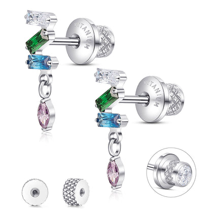 Limerencia Titanium Screw Back Earrings, Hypoallergenic F136 Implant Grade Flat Back Earrings for Women Men, Double Side Cubic Zirconia Sleeper Studs Jewelry/3 Dangle
