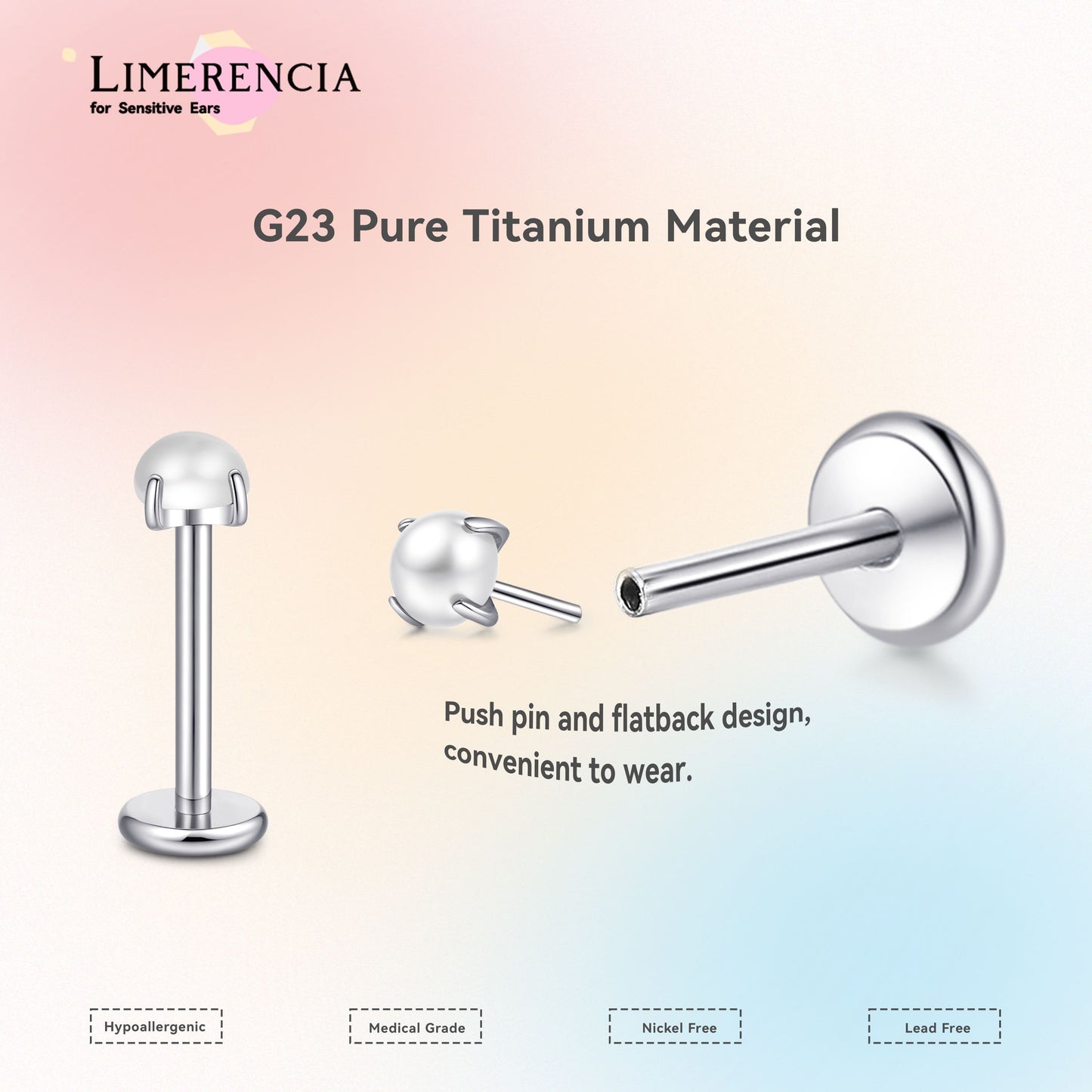 Orecchino titanio base piatta senza filetto Limerencia calibro 20G, piercing a pressione per cartilagine, trago, labret, labbro, medusa e conca, ipoallergenico unisex / tre sfere