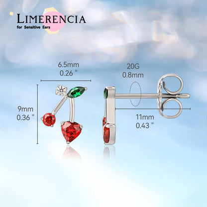 Orecchini in titanio puro F136 Limerencia ipoallergenici di grado impiantabile, orecchini piccoli e delicati con zirconi cubici G23 per orecchie sensibili femminili (ciliegia)
