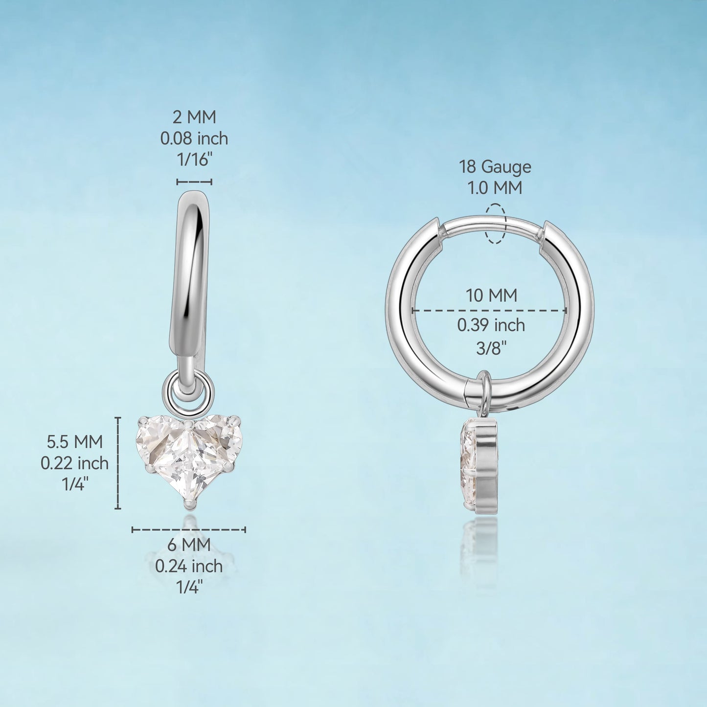 Limerencia Hypoallergenic Pure Titanium Post Lightweight Dangle Huggie Earrings for Women,Vertical Bar, Cross, Moon, Lightning,Dainty Earrings (Heart CZ)
