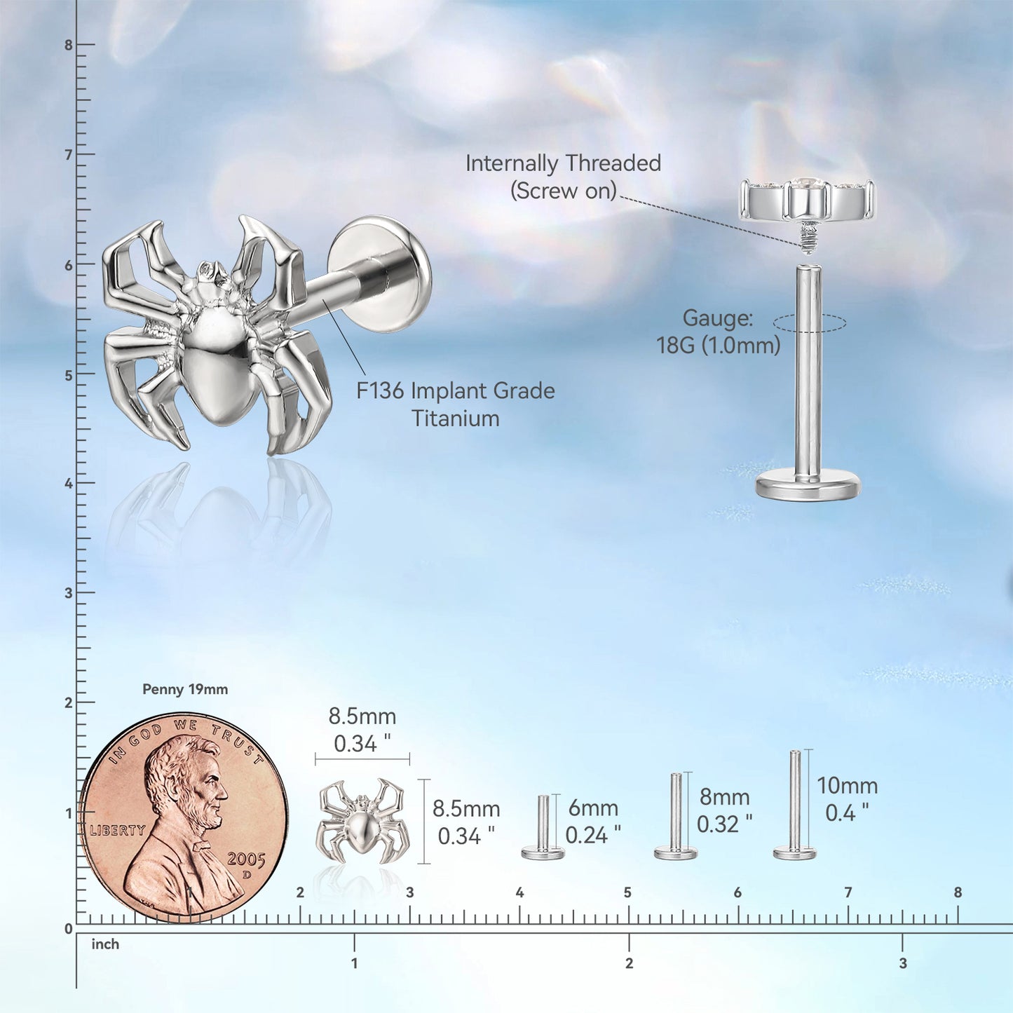 limerencia Hypoallergenic Titanium ASTM F136-18G 6mm 8mm 10mm Flat Back Internal Thread Stud Earring Piercing Jewelry for Tragus Helix Conch Cartilage Nose Lip (spider 1pc)
