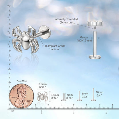 limerencia Hypoallergener Titan ASTM F136-18G 6mm 8mm 10mm Flat Back Intern Gewinde Ohrstecker Piercing Schmuck für Tragus Helix Conch Knorpel Nase Lippe (Spinne 1 Stk)