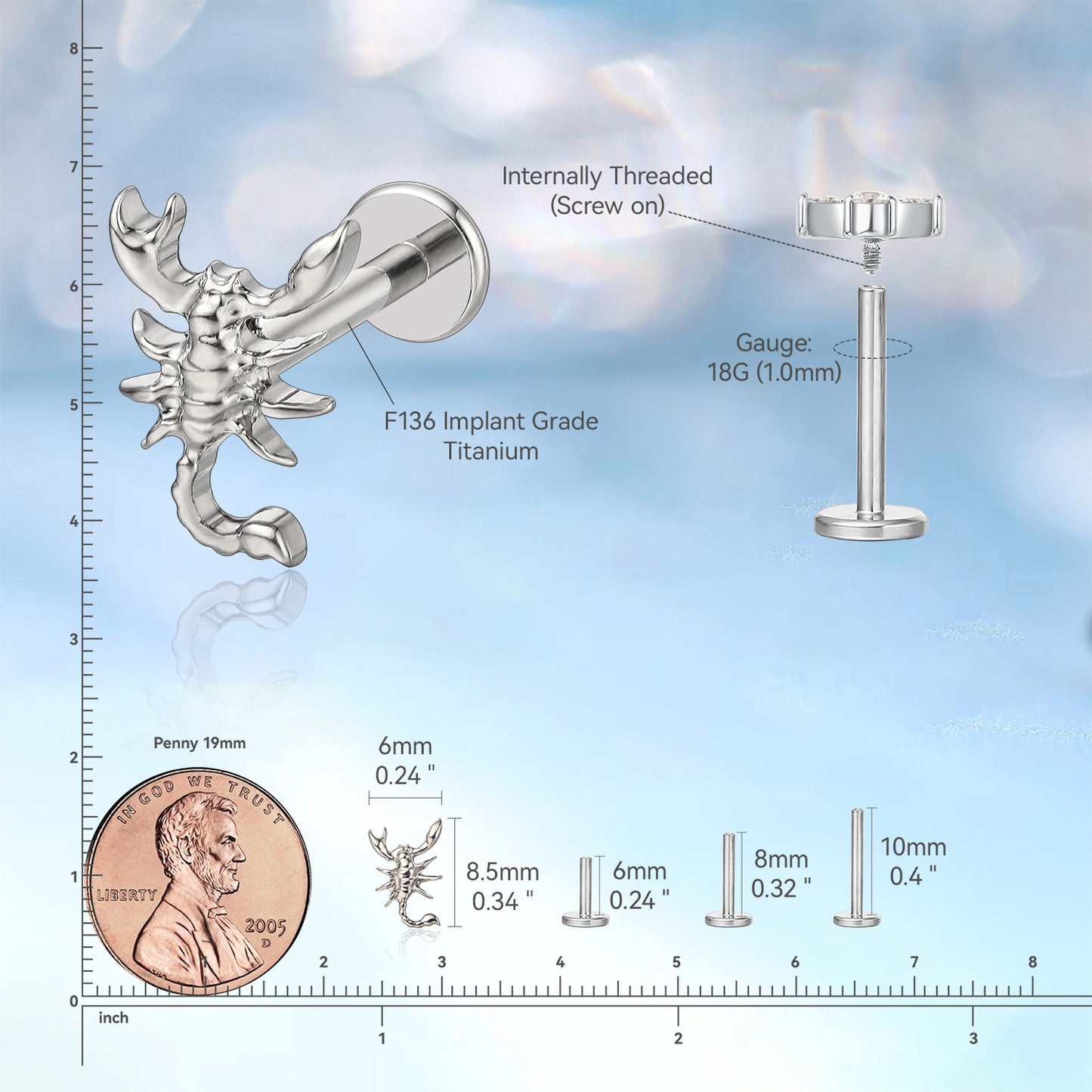 limerencia Hypoallergenic Titanium ASTM F136-18G 6mm 8mm 10mm Flat Back Internal Thread Stud Earring Piercing Jewelry for Tragus Helix Conch Cartilage Nose Lip (scorpion 1pc)