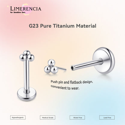 Orecchino titanio base piatta senza filetto Limerencia calibro 20G, piercing a pressione per cartilagine, trago, labret, labbro, medusa e conca, ipoallergenico unisex / tre sfere