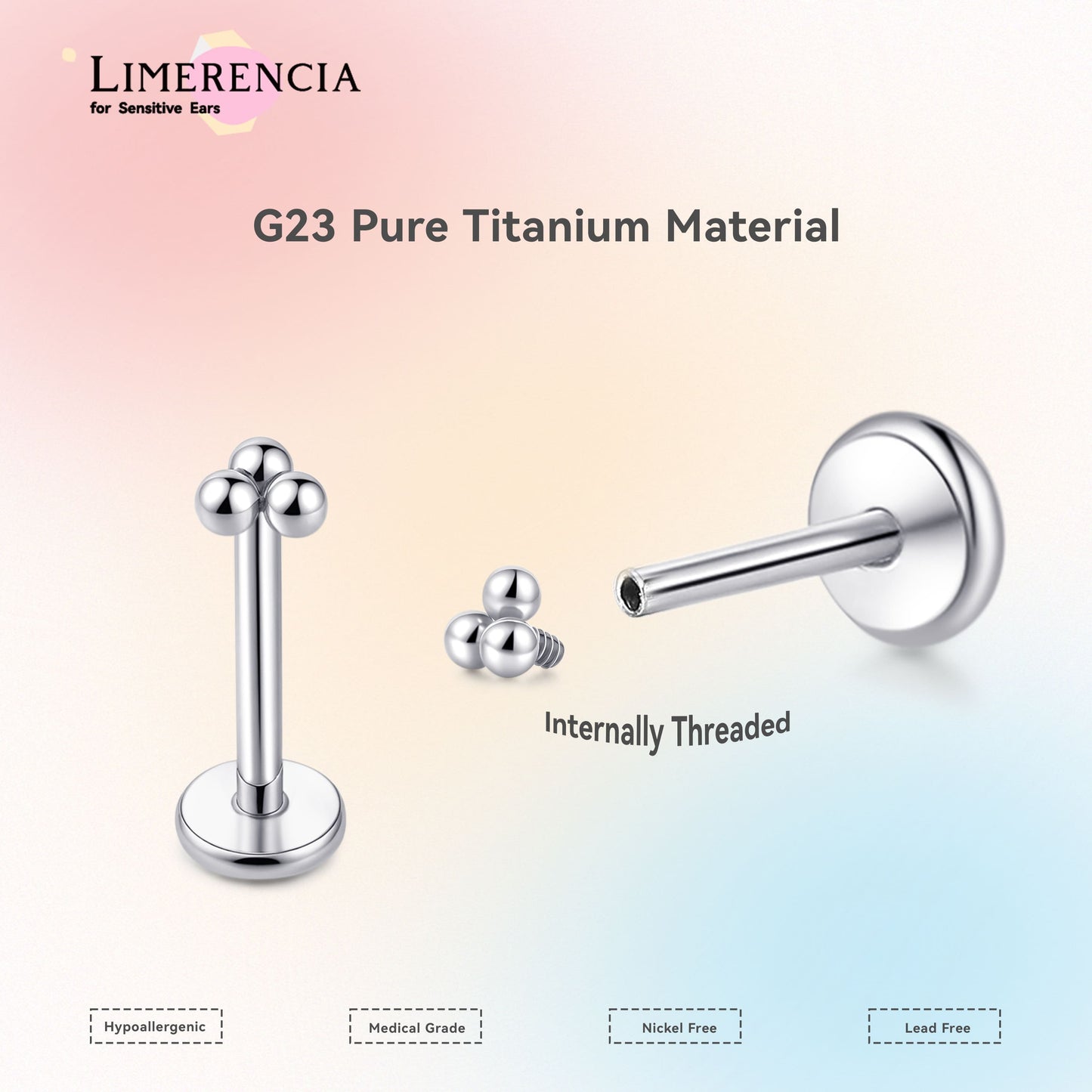 Limerencia 18G Reintitan Piercingschmuck, G23 hypoallergene Flachboden-Stecker mit Innengewinde, geeignet für Tragus, Helix, Knorpel, Conch, Medusa-, Lippen- und Labret-Piercing für Damen und Herren / 3 Kugelaufsätze