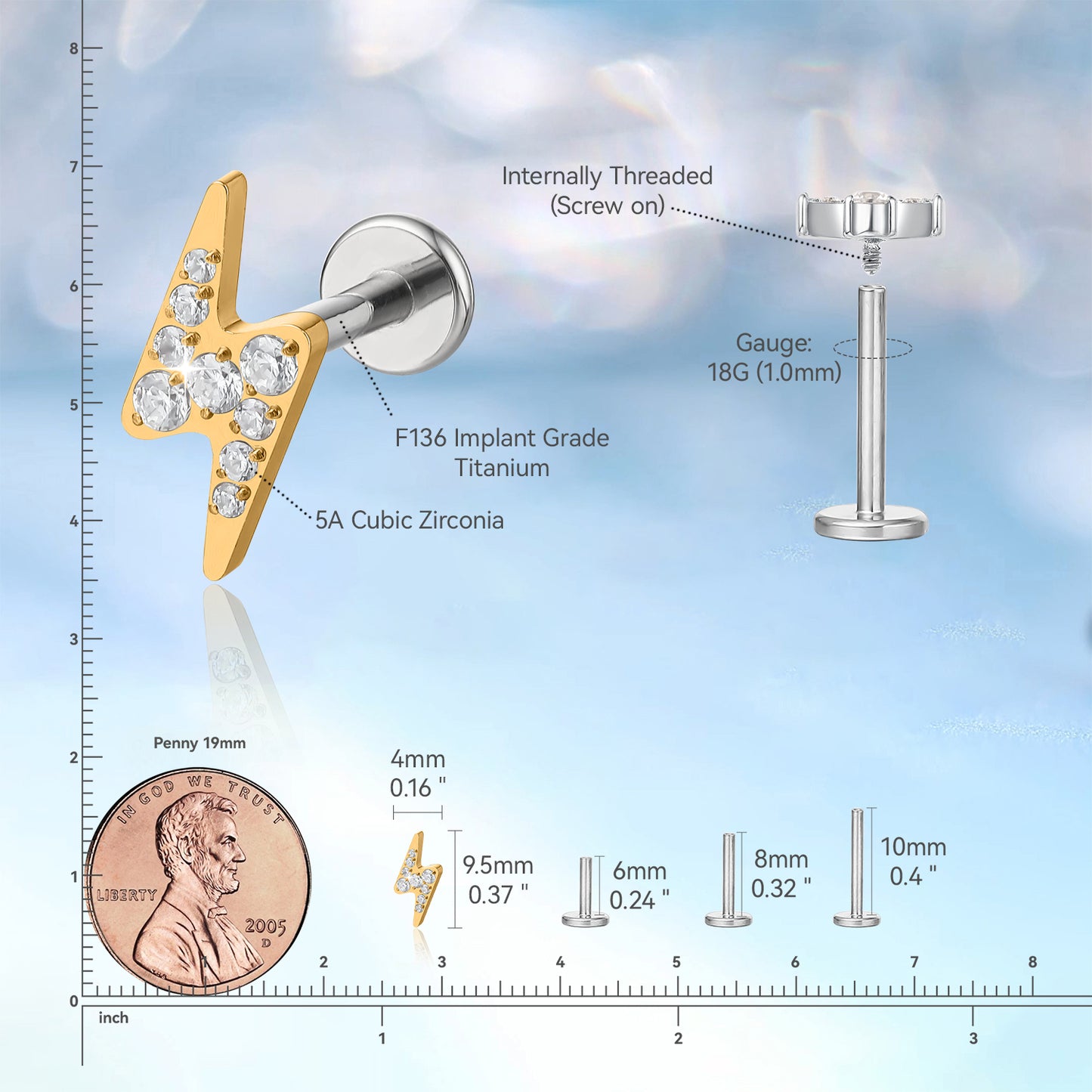 limerencia Hypoallergenic Titanium ASTM F136-18G 6mm 8mm 10mm Flat Back Internal Thread Stud Earring Piercing Jewelry for Tragus Helix Conch Cartilage Nose Lip (lightning 1pc)