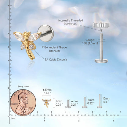 limerencia Hipoalergénico Titanio ASTM F136-18G 6mm 8mm 10mm Pendiente de Tachuela de Rosca Interna con Parte Trasera Plana Joyería para Piercings de Trago Hélice Caracola Cartílago Nariz Labio (libélula 1ud)