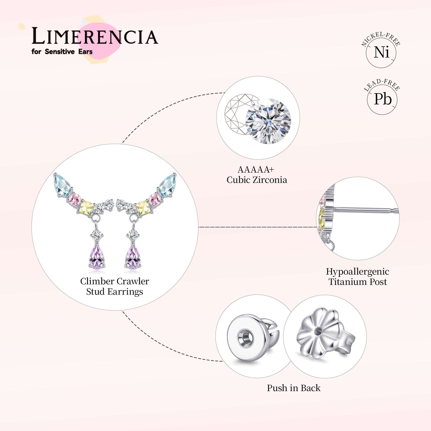 Limerencia 低アレルギー性チタン インプラントグレード クライマークローラースタッド, G23 小粒キュービックジルコニア ピアス 女性用 敏感な耳に / カラフル CZ クローラー
