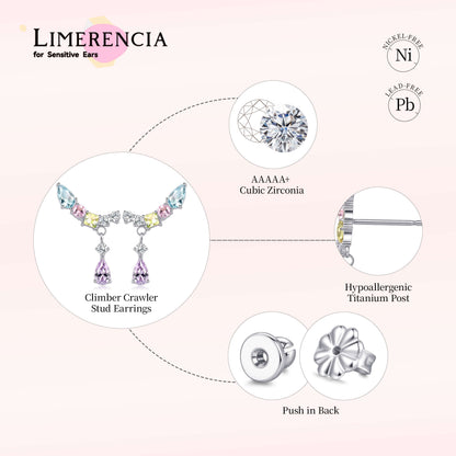 Limerencia 低アレルギー性チタン インプラントグレード クライマークローラースタッド, G23 小粒キュービックジルコニア ピアス 女性用 敏感な耳に / カラフル CZ クローラー