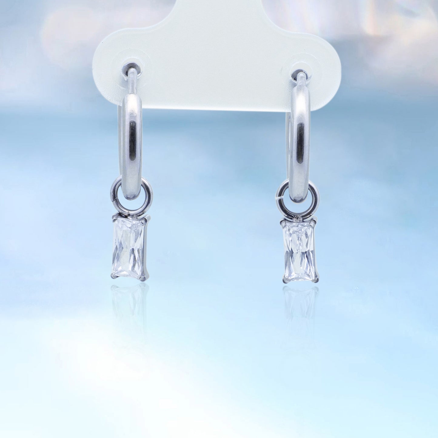 Limerencia Hypoallergenic Pure Titanium Post Lightweight Dangle Huggie Earrings for Women | Vertical Bar, Cross, Moon, Lightning | Dainty Earrings (CZ Rectangular)