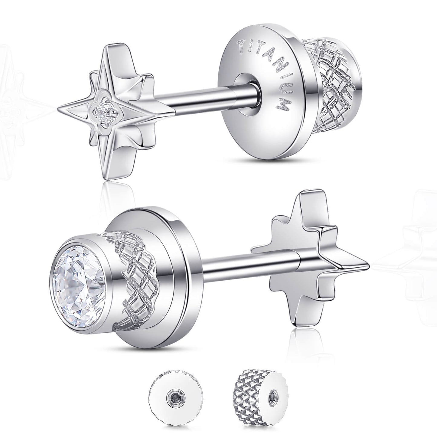 Limerencia Titanium Screw Back Earrings, Hypoallergenic F136 Implant Grade Flat Back Earrings for Women Men, Double Side Cubic Zirconia Sleeper Studs Jewelry/star