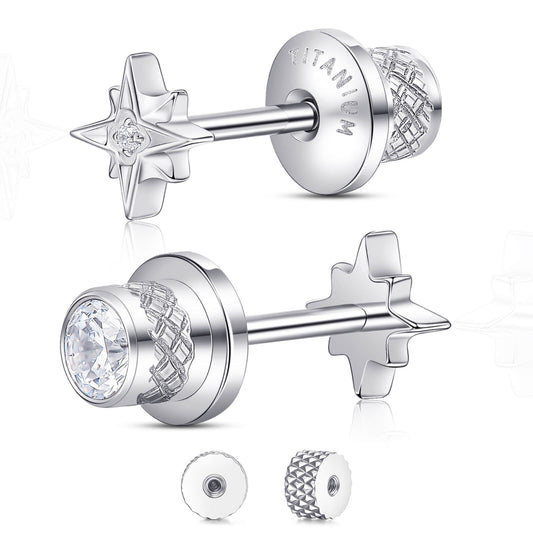 Limerencia Titanium Screw Back Earrings, Hypoallergenic F136 Implant Grade Flat Back Earrings for Women Men, Double Side Cubic Zirconia Sleeper Studs Jewelry/star