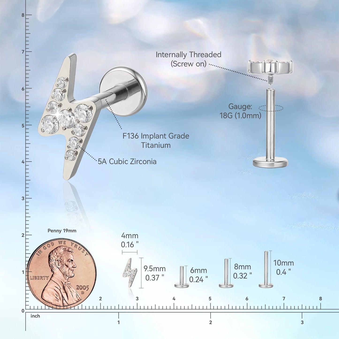 Limerencia Piercing Fulmine in Titanio ASTM F136 18G, Orecchino a Perno Retro Piatto con Filettatura Interna 6mm 8mm 10mm per Trago, Helix, Conchiglia, Cartilagine, Naso e Labbro – 1 Pezzo