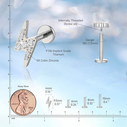 Limerencia Piercing Fulmine in Titanio ASTM F136 18G, Orecchino a Perno Retro Piatto con Filettatura Interna 6mm 8mm 10mm per Trago, Helix, Conchiglia, Cartilagine, Naso e Labbro – 1 Pezzo