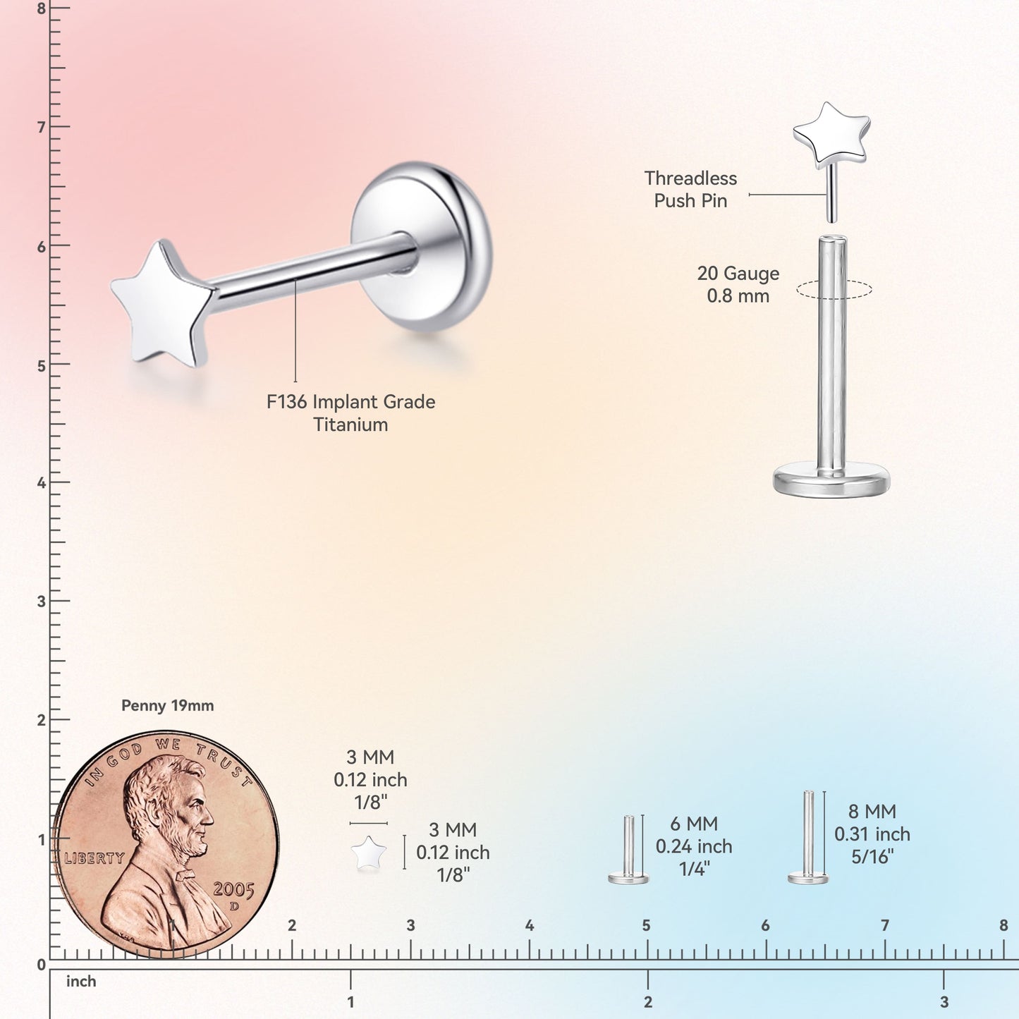 Limerencia Titan-Stecker mit Flachboden ohne Gewinde, 20G Druckverschluss-Einsteckpiercing für Knorpel, Tragus, Labret, Lippe, Medusa und Conch, hypoallergener Körperschmuck für Damen und Herren