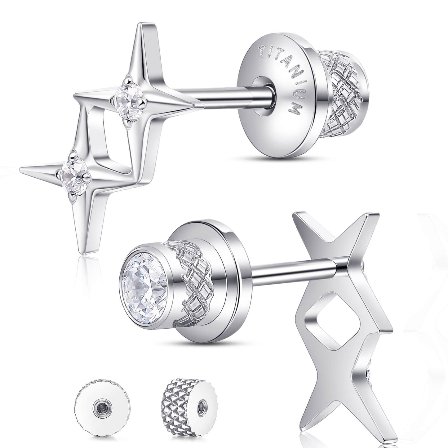 Limerencia Titanium Screw Back Earrings, Hypoallergenic F136 Implant Grade Flat Back Earrings for Women Men, Double Side Cubic Zirconia Sleeper Studs Jewelry/2 cross