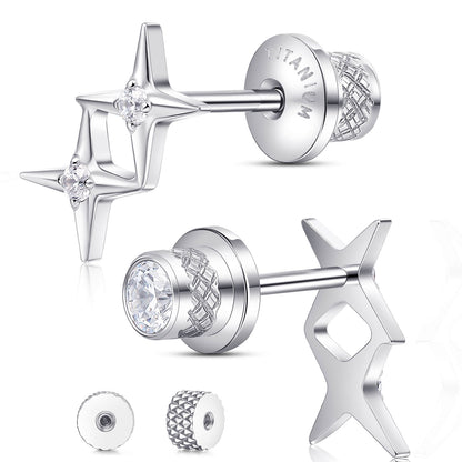 Limerencia Titanium Screw Back Earrings, Hypoallergenic F136 Implant Grade Flat Back Earrings for Women Men, Double Side Cubic Zirconia Sleeper Studs Jewelry/2 cross