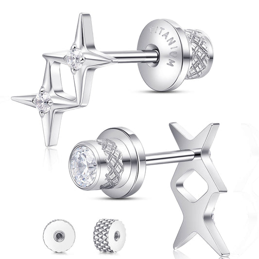 Limerencia Titanium Screw Back Earrings, Hypoallergenic F136 Implant Grade Flat Back Earrings for Women Men, Double Side Cubic Zirconia Sleeper Studs Jewelry/2 cross