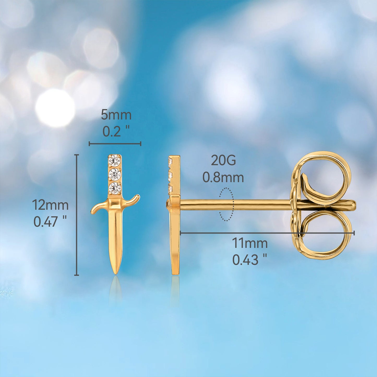 Limerencia F136 Pure Titanium Hypoallergenic Implant Grade Studs, G23 Small Dainty Cubic Zirconia Earrings for Women's Sensitive Ears(Sword Dagger)