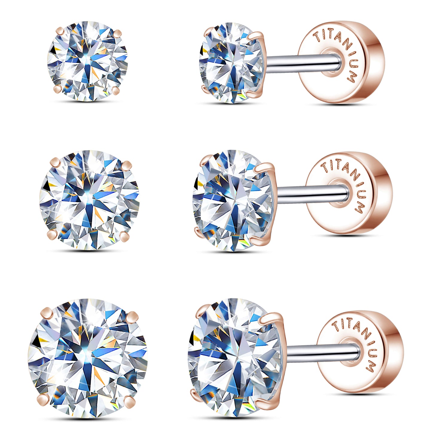 Pendientes de tuerca de moissanita Limerencia, 3 pares de pendientes con cierre de tornillo de titanio, pendientes de moissanita sintética color D pureza VVS1, titanio puro G23 hipoalergénico para mujer y hombre con oídos sensibles