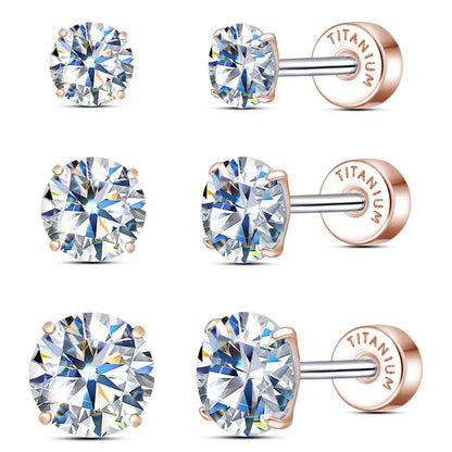 Pendientes de tuerca de moissanita Limerencia, 3 pares de pendientes con cierre de tornillo de titanio, pendientes de moissanita sintética color D pureza VVS1, titanio puro G23 hipoalergénico para mujer y hombre con oídos sensibles