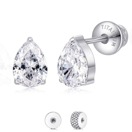 Limerencia F136 Implant Grade Titanium Screw Back Earrings, Hypoallergenic Flat Back Studs for Men Women, Double Side Cubic Zirconia Teardrop Sleeper Earrings, Stylish Daily Wear Piercing Jewelry