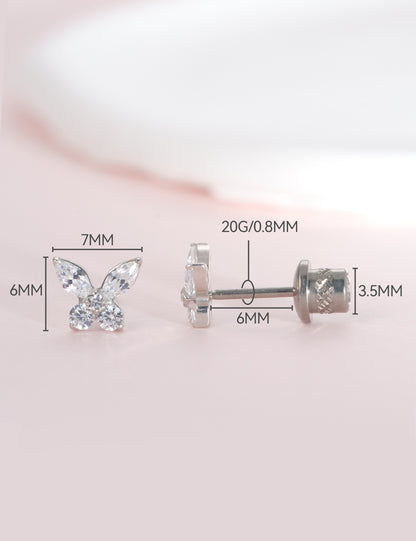 Limerenz Hypoallergener G23 Implantatgrad Titan Schraubverschluss Ohrringe Tragus 20G Helix F136 Piercing Post für empfindliche Mädchenohren Knorpel- Schmetterling Weiß Zirkonia