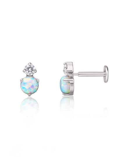 Pendientes hipoalergénicos Limerencia G23 de 18 g con parte trasera plana | F136 de titanio de grado implante de ajuste a presión sin rosca, pendientes de botón para cartílago, hélice, labret, labio, monroe, tragus con circonita cúbica y ópalo blanco