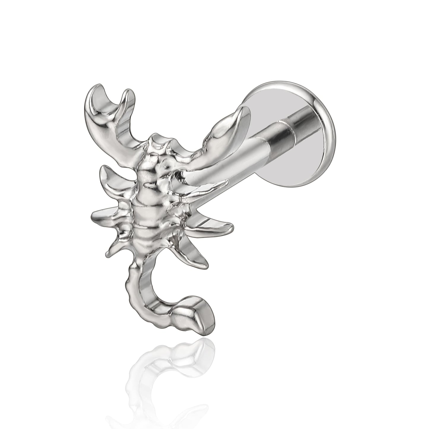 Limerencia Piercing Scorpione in Titanio ASTM F136 18G, Orecchino a Perno Retro Piatto con Filettatura Interna 6mm 8mm 10mm per Trago, Helix, Conchiglia, Cartilagine, Naso e Labbro – 1 Pezzo