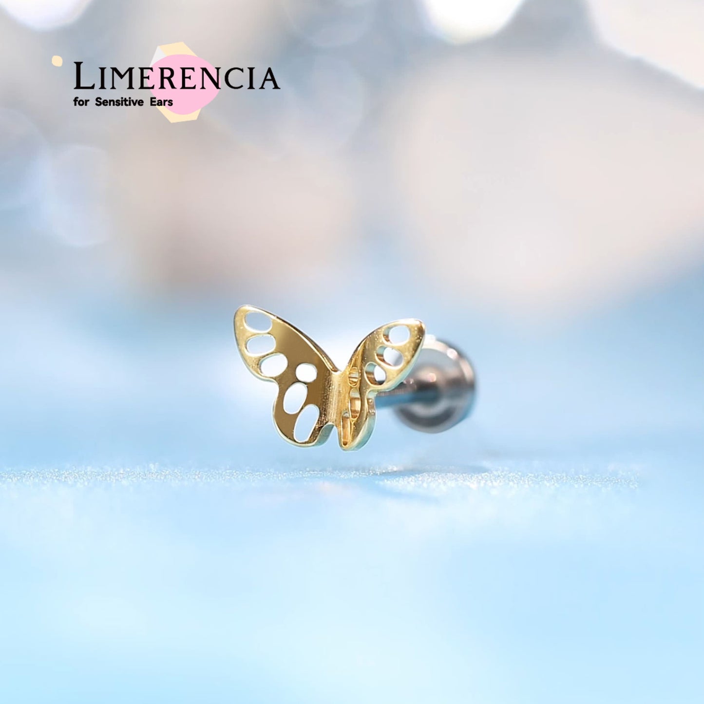 Limerencia 20G hypoallergene Flachboden-Einsteckstecker aus Titan, implantatgeeigneter gewindefreier Druck-Stecker für Conch, Nase, Helix und Tragus, unisex Piercingschmuck (1 Stück)/Schmetterling mit Durchbruchmuster